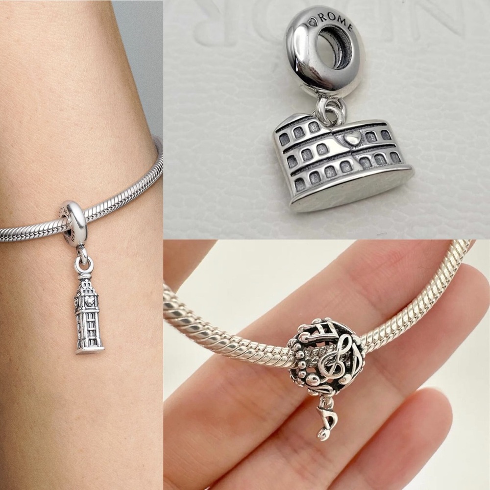 NEW Pandora London Big Ben Rome Colosseum Openwork Music Notes Charm Bundle